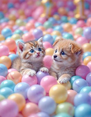 The primary subject of the image is two cats sitting on a pile of colorful balls. The setting is a playful environment with a variety of balls scattered around the cats. The visual style is a photo, capturing the cats and their surroundings in a realistic manner. The colors and mood of the image are vibrant and lively, with the cats and balls creating a fun and engaging atmosphere.