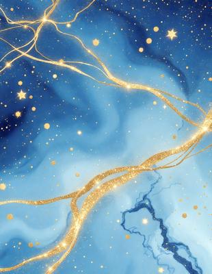 The primary subject of the image is a blue background with gold stars and a gold tree. The setting is a night sky, and the visual style is a digital art or illustration. The dominant colors are blue, gold, and white, creating a serene and celestial atmosphere.