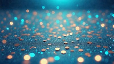 The primary subject of the image is a close-up of a blue surface with a pattern of glittering, shiny, and colorful circles. The setting appears to be a dark room, and the visual style is a combination of a photo and digital art. The dominant colors in the image are blue and the various colors of the circles, creating a vibrant and lively atmosphere.