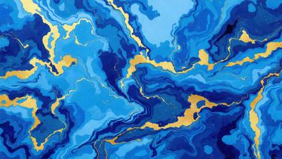 The primary subject of the image is a blue and gold swirling pattern, which appears to be a painting or a digital artwork. The setting is a blue background, and the visual style is a combination of digital art and illustration. The dominant colors are blue and gold, creating a sense of depth and richness in the artwork.