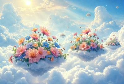 The primary subject of the image is a beautifully illustrated cloud with a flower garden floating in the sky. The cloud is filled with colorful flowers, creating a vibrant and lively atmosphere. The setting is a cloudy sky, which serves as the perfect backdrop for the floating flower garden. The visual style is a combination of digital art and illustration, creating a whimsical and imaginative scene. The colors and mood are predominantly bright and cheerful, with the flowers adding a touch of warmth and happiness to the overall atmosphere.