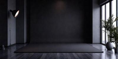 The primary subject of the image is a black and white photo of a room with a dark background. The setting is a room with a black floor, and the visual style is a black and white photo. The colors and mood of the image are dark and moody, creating a sense of mystery and intrigue.