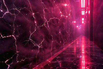 The primary subject of the image is a wall with a purple and pink color scheme. The setting is a hallway, and the visual style appears to be a combination of a photo and digital art. The dominant colors and overall atmosphere are vibrant and energetic, creating a unique and eye-catching environment.