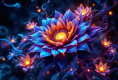 The primary subject of the image is a large, vibrant blue and orange flower with a yellow center. The flower is surrounded by a blue background, which adds to the overall visual style. The colors and mood of the image are lively and energetic, with the bright blue and orange hues creating a striking contrast against the blue background.