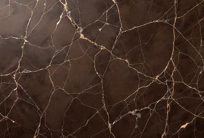 The primary subject of the image is a marble countertop with a brown and gold color scheme. The setting is a kitchen, and the visual style is a close-up of the countertop. The countertop has a patterned texture, giving it a unique and elegant appearance. The colors and mood of the image are warm and inviting, creating a cozy and sophisticated atmosphere.