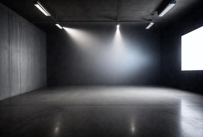 The primary subject of the image is a large, empty room with a concrete floor. The room is illuminated by a series of bright lights, creating a dramatic and moody atmosphere. The setting is a dark room with a concrete surface, and the visual style appears to be a photo. The colors and mood of the image are predominantly dark, with the bright lights creating a contrasting effect.