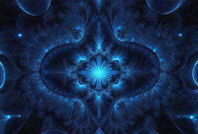 The primary subject of the image is a blue and white flower, which is the focal point of the scene. The setting is a blue background, which complements the vibrant colors of the flower. The visual style of the image is a digital art or illustration, showcasing the intricate details of the flower. The dominant colors in the image are blue and white, creating a serene and calming atmosphere.