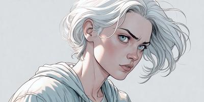 The primary subject of the image is a woman with blonde hair, who appears to be a comic book character. She is wearing a white sweater and has a pink spot on her face. The setting is a white background, which provides a clean and minimalist look to the image. The visual style is a comic book illustration, which is characterized by bold lines, exaggerated features, and a sense of motion. The colors and mood of the image are predominantly white and pink, giving it a soft and delicate appearance.