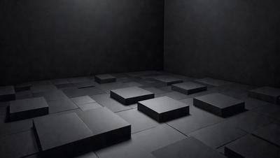 The primary subject of the image is a black and white photo of a room with a black floor. The setting is a dark room with a black floor, and the visual style is a black and white photo. The colors and mood of the image are predominantly dark and moody, with the black floor and walls creating a sense of mystery and intrigue.