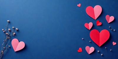 The primary subject of the image is a blue background with a pattern of hearts. The hearts are scattered across the background, creating a visually appealing and playful scene. The setting appears to be a room with a blue wall, and the visual style is a combination of digital art and illustration. The dominant colors in the image are blue and red, giving the scene a warm and inviting atmosphere.