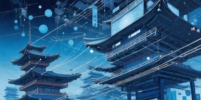 The primary subject of the image is a large building with many windows and a prominent clock tower. The setting is a cityscape with a blue sky in the background. The visual style is a combination of digital art and illustration, creating a futuristic and artistic atmosphere. The colors are predominantly blue, with some white and orange accents, giving the scene a calm and serene mood.