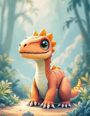 The primary subject of the image is a small, cute, and colorful dinosaur, likely a baby T-Rex, sitting in a forest. The setting is a lush green forest with trees and plants surrounding the dinosaur. The visual style is a digital art or illustration, giving the image a vibrant and playful appearance. The colors and mood are predominantly warm and inviting, with the dinosaur being the main focus of the scene.