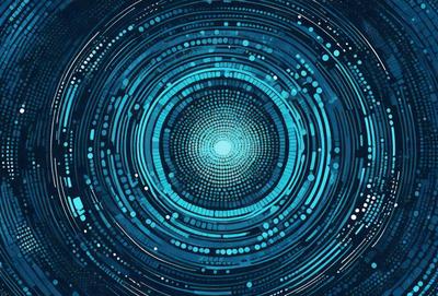 The primary subject of the image is a blue, circular, and swirling pattern. The setting is a blue background, and the visual style appears to be a digital art or illustration. The dominant colors are blue and white, creating a calm and serene atmosphere.