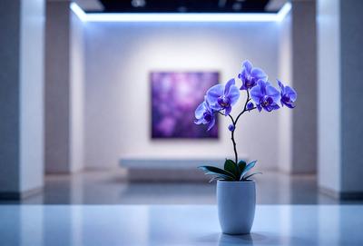 The primary subject of the image is a white vase filled with purple orchids. The vase is placed on a white countertop, which serves as the setting for the scene. The visual style of the image is a photo, capturing the beauty of the orchids in their natural environment. The colors and mood of the image are predominantly purple, creating a serene and elegant atmosphere.