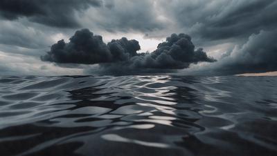 The primary subject of the image is a large body of water, possibly an ocean, with a cloudy sky above. The setting is a vast expanse of water, with no visible land or other objects. The visual style is a black and white photo, which adds a sense of depth and contrast to the scene. The colors and mood of the image are dark and moody, with the clouds and water creating a dramatic atmosphere.