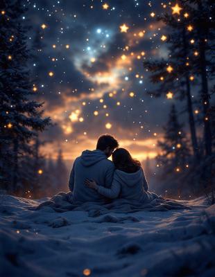 The primary subject of the image is a man and a woman sitting together in the snow. They are embracing each other, creating a warm and intimate atmosphere. The setting is a snowy landscape, with trees in the background. The visual style is a digital art, as the image is a painting of a couple in the snow. The colors and mood are predominantly cold and serene, with the couple's embrace providing a touch of warmth and affection.