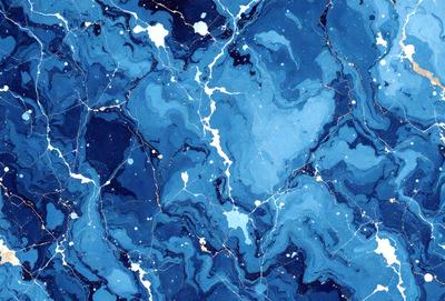 The primary subject of the image is a blue and white marbled surface, which appears to be a painting or a digital artwork. The setting is a blue background, and the visual style is a combination of photo and digital art. The colors and mood of the image are predominantly blue and white, creating a serene and calming atmosphere.