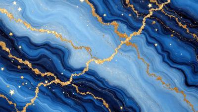 The primary subject of the image is a blue and gold marbled stone. The setting is a blue and gold marbled stone surface, which serves as the background. The visual style is a combination of a photo and digital art, creating a unique and eye-catching pattern. The dominant colors are blue and gold, giving the image a luxurious and elegant appearance.
