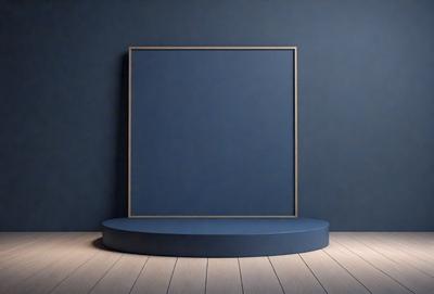 The primary subject of the image is a blue square or rectangle, which is placed on a wooden table. The setting is a room with a blue wall, and the visual style appears to be a photo. The colors and mood of the image are predominantly blue, creating a calm and serene atmosphere.