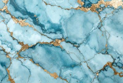 The primary subject of the image is a blue marble wall with gold accents. The setting is a room with a blue marble wall, and the visual style is a combination of photo and digital art. The dominant colors are blue and gold, creating a luxurious and elegant atmosphere.