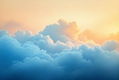 The primary subject of the image is a cloudy sky filled with clouds. The setting is a sunset, creating a warm and serene atmosphere. The visual style is a photo, capturing the beauty of the clouds and the sunset. The colors and mood are predominantly blue and orange, with the blue clouds contrasting against the orange sky.