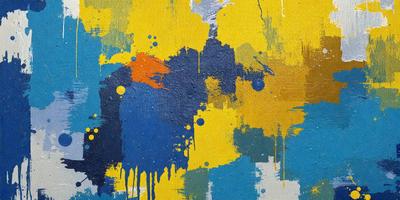 The primary subject of the image is a painting with a yellow background and blue and orange colors. The painting features a yellow and blue background with orange and blue dots, creating a vibrant and dynamic visual effect. The setting is a wall, and the visual style appears to be a mix of digital art and traditional painting techniques. The colors and mood of the painting are lively and energetic, with the blue and orange dots adding a sense of depth and movement to the overall composition.