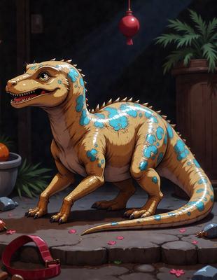 The primary subject of the image is a cartoon dinosaur, specifically a T-Rex, standing on a dirt floor. The setting is a dark room, and the visual style is a digital art or illustration. The colors and mood of the image are dark and moody, with the T-Rex being the main focus of the scene.