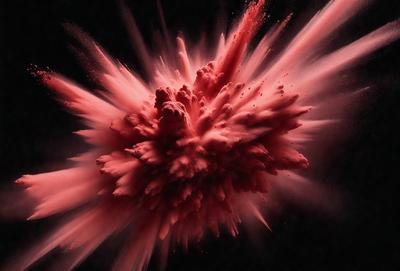 The primary subject of the image is a large, pink, and red explosion. The setting is a dark background, which contrasts with the bright colors of the explosion. The visual style appears to be a combination of a photo and digital art, creating a dynamic and eye-catching scene. The dominant colors are pink and red, giving the image a bold and energetic atmosphere.