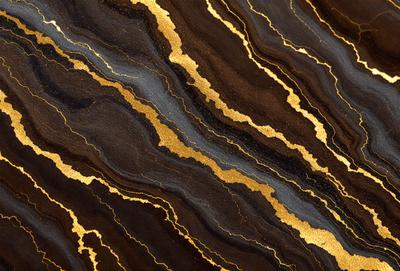 The primary subject of the image is a close-up of a marble surface with gold accents. The setting is a natural environment, possibly a rock formation. The visual style is a combination of a photo and digital art, creating a unique and intricate pattern. The colors and mood of the image are rich and luxurious, with the gold accents adding a sense of sophistication and elegance.