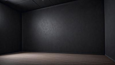 The primary subject of the image is a large, empty room with a dark gray wall. The setting is a room with a wooden floor, and the visual style is a black and white photo. The dominant colors are gray and black, creating a moody atmosphere.