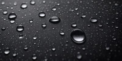 The primary subject of the image is a close-up of a black surface, possibly a table or a piece of fabric, with water droplets on it. The setting appears to be indoors, as the surface is black and the droplets are not affected by wind or other outdoor elements. The visual style of the image is a close-up, focusing on the details of the water droplets. The colors in the image are predominantly black, with the droplets appearing as small, round, and shiny objects. The overall atmosphere of the image is calm and serene, as the droplets create a sense of stillness and tranquility.