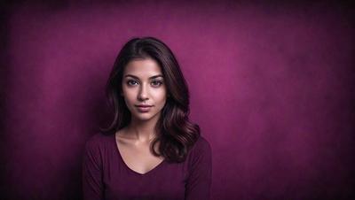The primary subject of the image is a woman with long, dark hair. She is wearing a purple shirt and is posing for the camera. The setting is a purple wall, which serves as the backdrop for the photo. The visual style is a close-up portrait, capturing the woman's features and expression. The colors and mood of the image are predominantly purple, creating a calm and serene atmosphere.