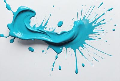 The primary subject of the image is a blue paint splatter, which is the main focus of the scene. The setting is a white background, which provides a clean and uncluttered environment for the paint splatter. The visual style of the image is a close-up of the paint splatter, showcasing its vibrant blue color and the way it spreads across the surface. The colors and mood of the image are predominantly blue, creating a sense of calmness and tranquility.