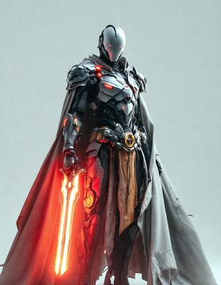 The primary subject of the image is a man dressed in a futuristic costume, wearing a cape and holding a red sword. The setting is a white background, which provides a clean and minimalist look to the scene. The visual style appears to be a combination of digital art and illustration, creating a detailed and intricate representation of the character. The colors and mood of the image are predominantly dark and dramatic, with the red sword and costume adding a touch of vibrancy and contrast.