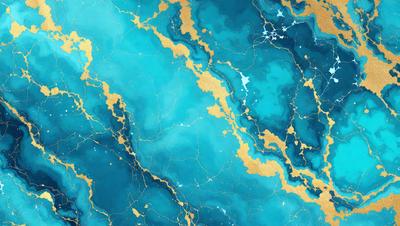 The primary subject of the image is a blue and gold mosaic tile design. The setting is a blue and gold marbled wall, which serves as the background. The visual style is a combination of digital art and illustration, creating a unique and intricate pattern. The dominant colors are blue and gold, giving the image a rich and luxurious atmosphere.