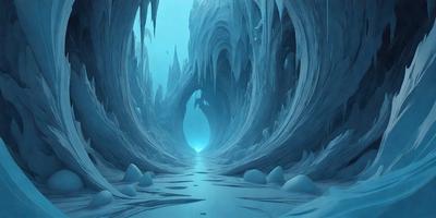 The primary subject of the image is a blue cave with a blue tunnel. The setting is an underwater cave, and the visual style is digital art. The dominant colors are blue, and the overall atmosphere is serene and mysterious.