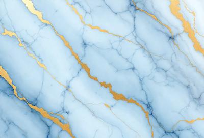 The primary subject of the image is a marble wall with gold accents. The setting is a room with a blue background. The visual style is a combination of photo and digital art, creating a unique and intricate design. The dominant colors are blue and gold, giving the wall a luxurious and elegant appearance.