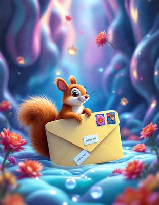 The primary subject of the image is a small, cute cartoon squirrel sitting on top of a yellow envelope. The setting is a colorful, whimsical environment with a backdrop of a flower-covered mountain. The visual style is a digital art illustration, giving the scene a vibrant and lively atmosphere. The dominant colors are yellow, pink, and purple, creating a cheerful and playful mood.