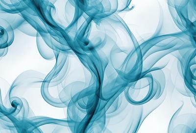 The primary subject of the image is a blue smoke or mist, which appears to be a digital art or illustration. The setting is a white background, and the visual style gives the impression of a painting or drawing. The colors and mood of the image are predominantly blue, creating a calm and serene atmosphere.