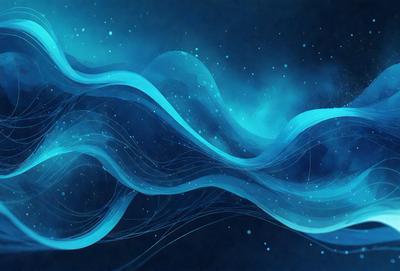 The primary subject of the image is a blue and white ocean wave. The setting is a dark blue background, which creates a contrasting and dramatic effect. The visual style is a digital art or illustration, as the wave is depicted in a detailed and artistic manner. The dominant colors are blue and white, which evoke a sense of calmness and tranquility.