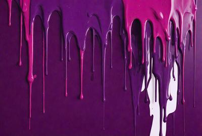 The primary subject of the image is a purple background with dripping paint, creating a visually striking scene. The setting is a wall, and the visual style appears to be a combination of a photo and digital art. The colors and mood of the image are predominantly purple, creating a moody and artistic atmosphere.