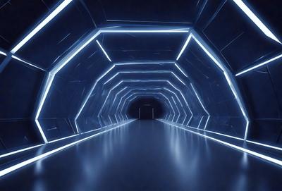 The primary subject of the image is a long, narrow tunnel with a blue light illuminating it. The setting is a dark, underground space, and the visual style appears to be a combination of a photo and digital art. The dominant colors are blue and black, creating a moody atmosphere.
