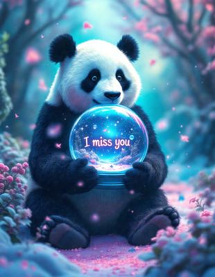 The primary subject of the image is a panda bear. The setting is a forest with pink flowers, and the visual style is digital art. The panda bear is holding a blue ball with the words "I miss you" written on it. The colors and mood of the image are predominantly pink and warm, creating a sense of love and longing.