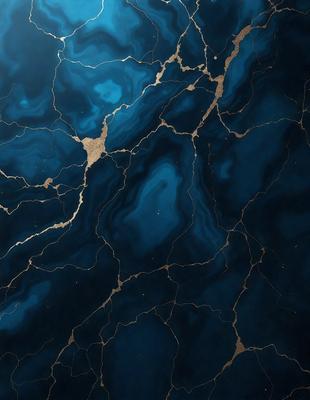 The primary subject of the image is a blue and gold marbled surface, which appears to be a piece of art or a decorative item. The setting is a dark room, and the visual style is a close-up of the marbled surface. The colors and mood of the image are predominantly dark and moody, with the blue and gold marbled surface providing a striking contrast against the dark background.