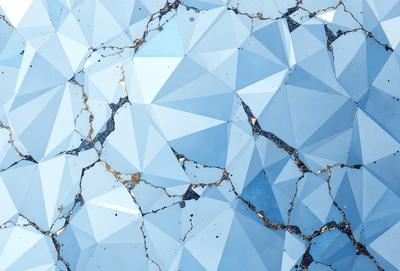 The primary subject of the image is a blue and white patterned surface, which appears to be a cracked or damaged piece of glass. The setting is a close-up view of the pattern, showcasing the intricate design and colors. The visual style is a combination of digital art and illustration, as the pattern is created using a computer-generated design. The colors and mood of the image are predominantly blue and white, giving it a clean and modern appearance.