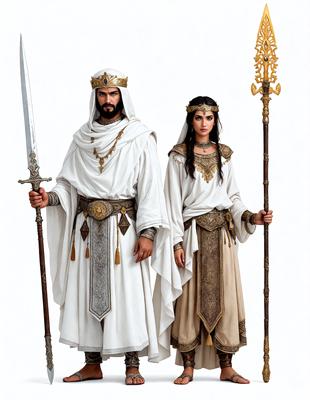 The primary subject of the image is a man and a woman dressed in costumes, possibly as Egyptian royalty. They are standing next to each other, with the man on the left and the woman on the right. The setting appears to be a studio or a staged environment, as the couple is posing for a picture. The visual style of the image is a combination of photo and digital art, creating a realistic yet artistic representation of the couple. The colors and mood of the image are predominantly white and gold, giving it an elegant and regal atmosphere.