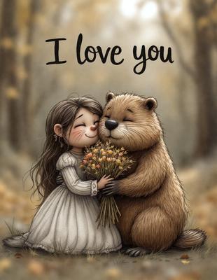 The primary subject of the image is a girl and a bear. The girl is holding a bouquet of flowers, and the bear is hugging her. The setting is a forest, with trees visible in the background. The visual style is a digital art illustration, creating a warm and friendly atmosphere. The colors are predominantly earthy tones, such as brown, green, and yellow, which contribute to the natural and serene environment.