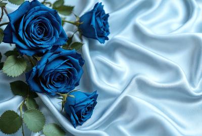 The primary subject of the image is a bouquet of blue roses. The setting is a blue cloth, which serves as the backdrop for the flowers. The visual style is a close-up of the blue roses, showcasing their beauty. The colors and mood of the image are predominantly blue, creating a serene and calming atmosphere.
