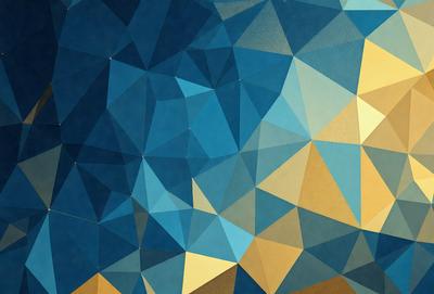 The primary subject of the image is a geometric pattern featuring blue, yellow, and gold colors. The setting is a blue background, and the visual style appears to be a combination of digital art and illustration. The dominant colors are blue, yellow, and gold, creating a vibrant and lively atmosphere.