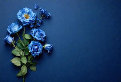 The primary subject of the image is a bouquet of blue flowers, which are the main focus of the scene. The flowers are arranged in a vase and are placed against a blue background, creating a visually appealing contrast. The visual style of the image is a photo, capturing the beauty of the flowers and their surroundings. The dominant colors in the image are blue and green, giving the scene a calm and serene atmosphere.